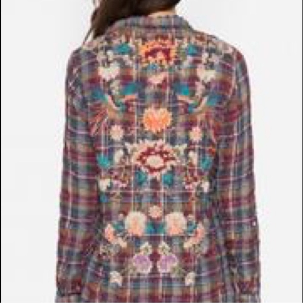 Johnny Was Multicolor Embroidered Plaid Shirt